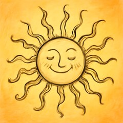 Cheerful golden sun illustration, softly smiling with closed eyes, radiating warmth and happiness. A hand-drawn symbol of positive energy and bright, joyful days