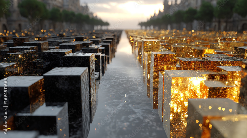Poster golden and black reflective cubes forming an abstract futuristic cityscape with shimmering surfaces 