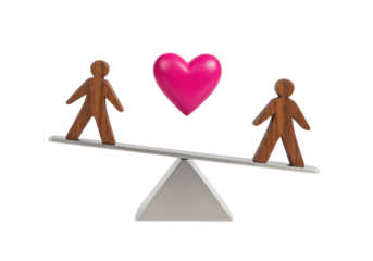Isolated concept of balance between people in love, two figures on a seesaw with a heart