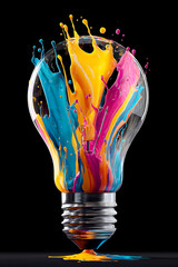 Vibrant paint splashes erupting from a light bulb against a black background, symbolizing creativity