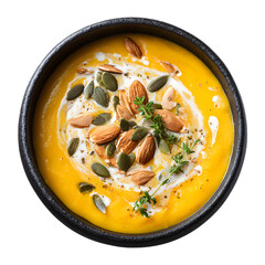 Creamy Pumpkin Soup in dark Bowl isolated on a transparent background.
