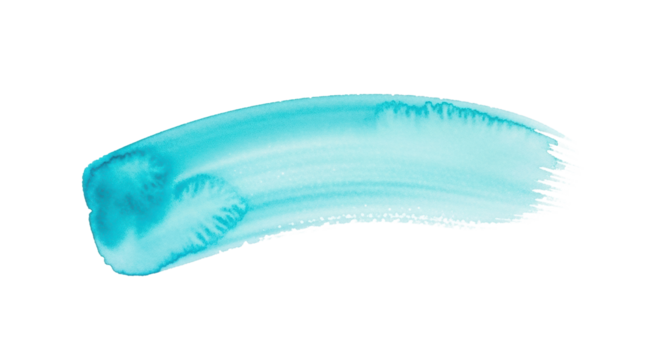 Luminous aquamarine horizontal brush stroke with translucent, softly blended watercolor edges, isolated on a transparent background with copy space, concept of serene abstract art