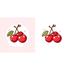 Cute cartoon illustration of a bunch of three ripe red cherries with stems and leaves, perfect as a sweet summer fruit sticker or graphic design element
