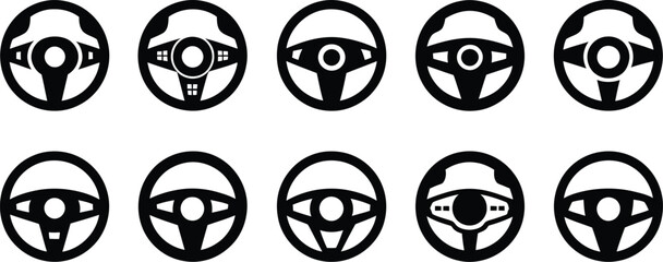 Collection of diverse steering wheel icons representing automotive design and control