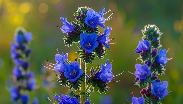 Vibrant clusters of vivid blue flowers, bathed in golden sunlight, stand out against a soft-focus green backdrop, showcasing delicate floral details.