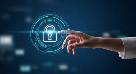 Hand interacting with digital lock interface, showcasing cybersecurity concept, symbolizing online protection and data safety, ideal for technology or security websites