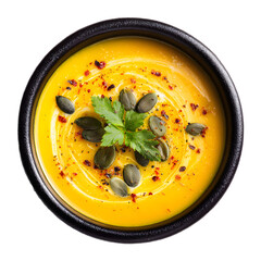 Creamy Pumpkin Soup in dark Bowl isolated on a transparent background.