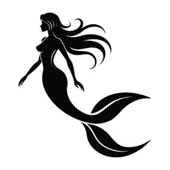 Elegant silhouette of a mythical mermaid with flowing hair and a graceful fishtail swimming in the ocean depths a fantasy creature