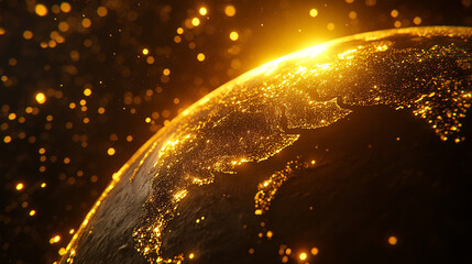 Golden illuminated Earth globe glowing at night. Digital rendering shows continents outlined in shimmering light, symbolizing technology, global connection, and modern innovation.