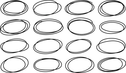 A collection of sixteen hand-drawn black scribble ovals and ellipses arranged in a grid, perfect for highlighting text or design elements.