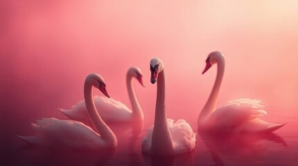 Naklejka premium Elegant swans gracefully glide across serene pink waters creating a tranquil and romantic atmosphere