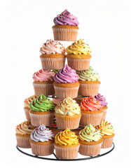 Cupcake tower levitating with colorful sprinkles on white background