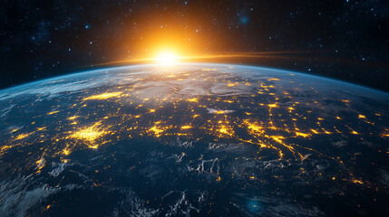 Golden illuminated Earth globe glowing at night. Digital rendering shows continents outlined in shimmering light, symbolizing technology, global connection, and modern innovation.