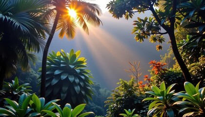 Naklejka premium Misty rainforest at dawn, sunlight filtering through dense canopy, lush green vegetation, mystical atmosphere, morning, nature