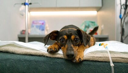 Small dog lying on examination table in vet clinic