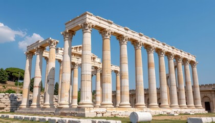 Obraz premium Row of ancient white marble pillars, weathered and majestic, standing tall against a clear sky, ruins, outdoor
