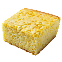 A slice of golden cornbread with visible corn kernels, presented on a plain background.