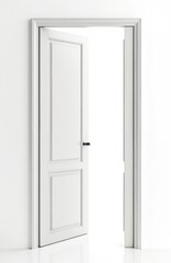 White wooden door stands open against clean white background, revealing bright, undefined space beyond. Door features elegant molding details, simple black knob, inviting entry into new opportunity