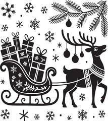 A charming black and white illustration of a reindeer pulling a sleigh loaded with presents.