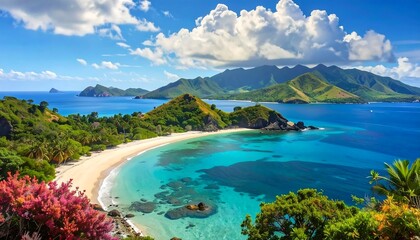 Obraz premium Serene aerial vista of a tropical paradise. Turquoise waters meet a sandy beach framed by lush green hills under a vibrant blue sky dotted with fluffy white clouds. A beautiful cove