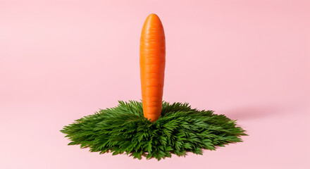 Standing Orange Carrot on Green Leaves Against Pale Pink Background Still Life
