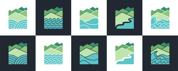 Abstract Nature Landscape of Mountain and Sea Logo Set Vector Design © Superherzl