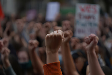 Crowd of people raising fists in the air at a protest