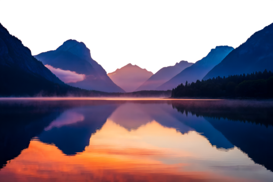 Peaceful morning glow over a remote alpine lake with majestic mountains silhouetted against a colorful sunrise sky and perfect water reflections