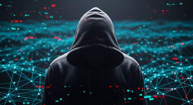 Dark hooded figure against a background of glowing teal network nodes and digital glitches, symbolizing cybersecurity, data breach, or anonymous online presence