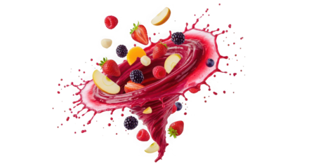 Delicious mixed berries and fruits swirling in a vortex isolated on transparent background