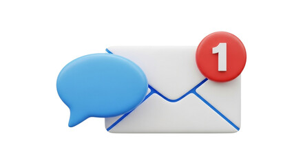 White envelope with red badge displaying number 1 and blue speech bubble, symbolizing new message notification and instant communication in technology