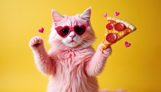 Whimsical pink cat wearing heart sunglasses holds pizza slice. Fluffy feline with cute paws enjoys pepperoni pizza. Bright yellow background adds playful, happy mood. Quirky pet portrait, fun, unique.