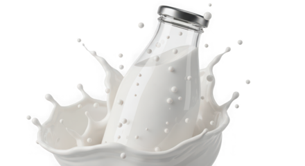 Fresh milk splashing around a glass bottle isolated on transparent background