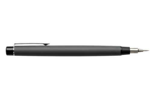 Brand-new technical drawing pen with sleek matte charcoal grey body and matte black cap, metallic silver needle-point tip, on transparent background with soft shadow, concept of precision and