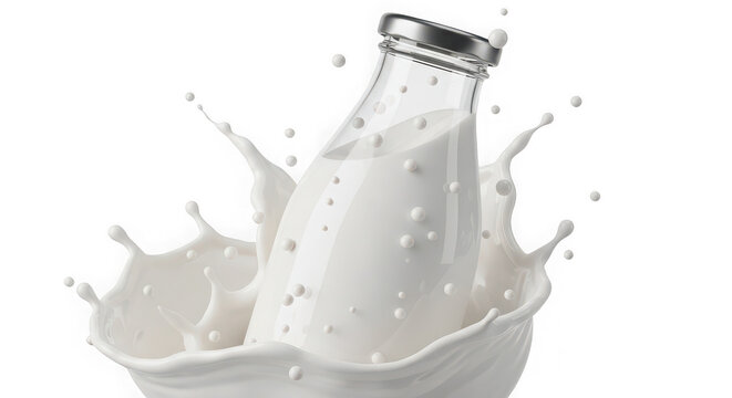 Fresh milk splashing around a glass bottle isolated on transparent background