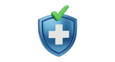 Fototapeta premium Blue shield with a white medical cross and green checkmark above, symbolizing verified health, medical protection, and trusted wellness assurance