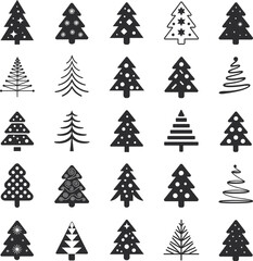 Christmas tree silhouettes collection, modern holiday tree icons, festive seasonal design elements, minimalist black tree clipart for winter projects