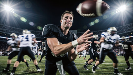 Quarterback Throwing a Football During a Night Game