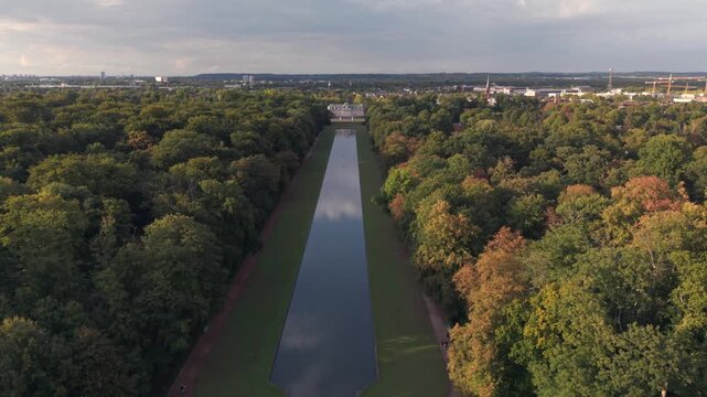 Castle Benrath from top during autumn with sunset golden colors with a drone top view