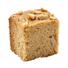 A slice of moist cake topped with peanuts, showcasing a dense texture and golden-brown crust.