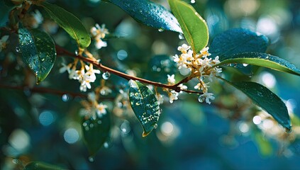 Delicate white flowers on a leafy branch, glistening with morning dew