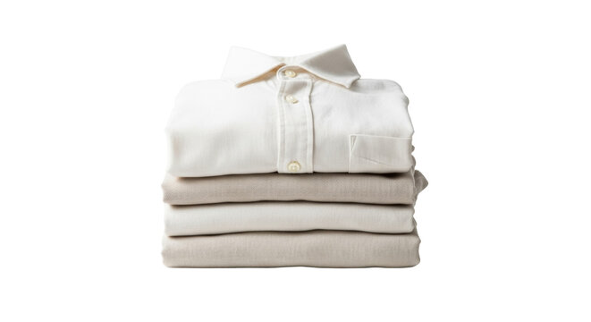Meticulously folded stack of undyed linen men's shirt, trousers, tunic in natural creamy white, soft beige on transparent studio background with copy space, concept of sustainable luxury and comfort