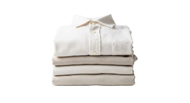 Meticulously folded stack of undyed linen men's shirt, trousers, tunic in natural creamy white, soft beige on transparent studio background with copy space, concept of sustainable luxury and comfort