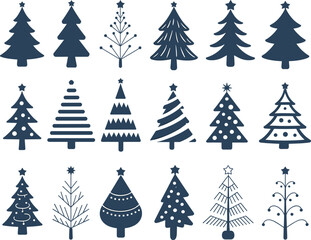 Set of 18 unique Christmas tree silhouettes, holiday decorations, winter festive icons, seasonal design elements, vector illustration for holiday projects