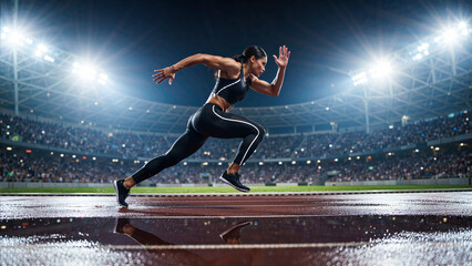 Female Sprinter Running in a Professional Stadium at Night