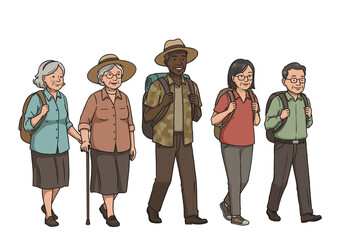 Fototapeta premium Active multi-ethnic group of elderly tourists on transparent background walking together. Illustration of friendship and adventure in middle age 