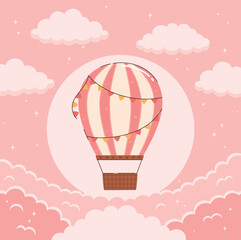 Pink hot air balloon flying in pink clouds. Flat vector illustration.