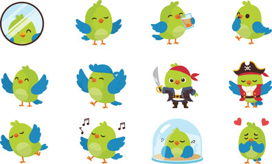 Cartoon green bird character in multiple expressive poses including dancing, pirate costume, sleeping, and mirror scene for animation and design