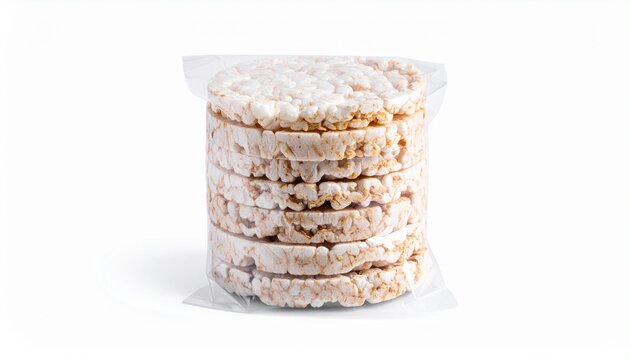 Stack of crispy puffed rice cakes in clear plastic packaging, isolated on a white background.