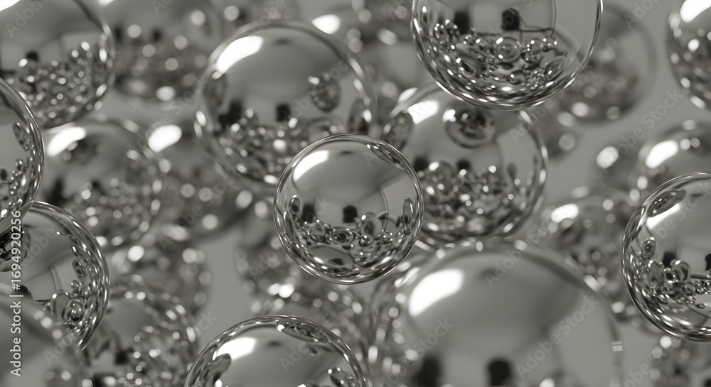 Poster a multitude of reflective silver spheres clustered together in a close up shot with soft lighting